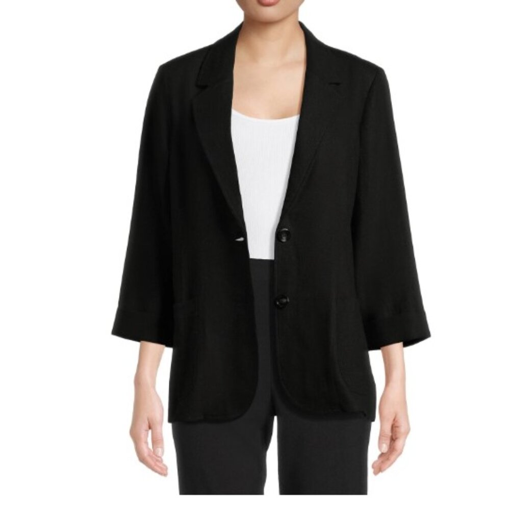 Time and Tru Women’s Linen-Blend Button Front Blazer - Black, XXL